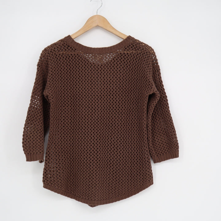 Andrea Jovine Brown Open Knit Chevron Crochet Sweater 3/4 Sleeve Womens Medium