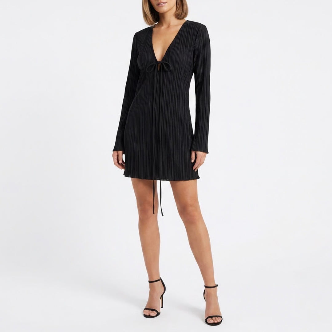 Black Plisse Pleated Long Sleeve Mini Dress Deep V-Neck Tie Front Size L