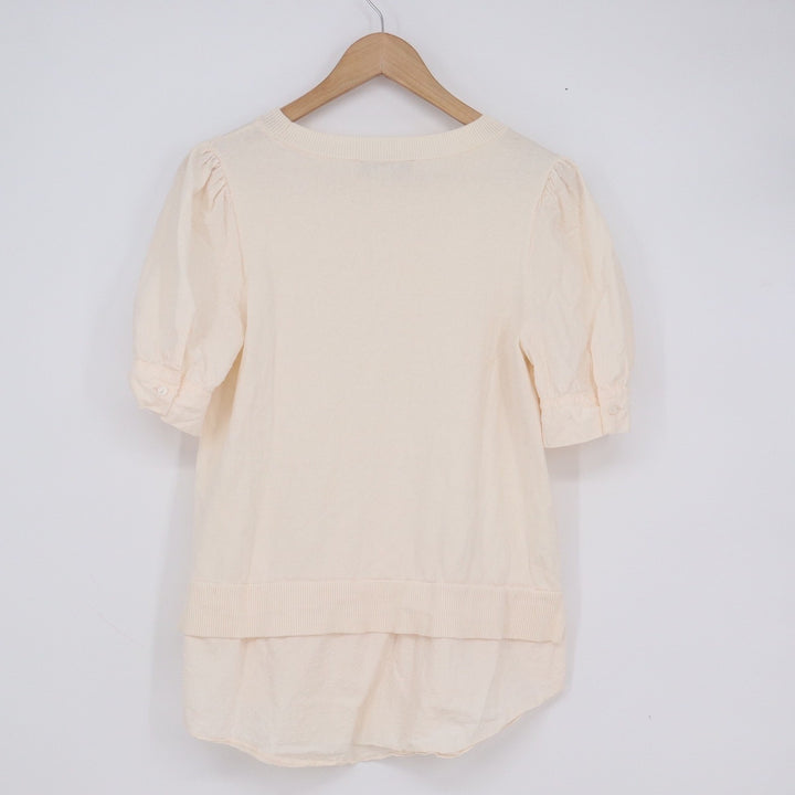 LOFT Cream Mixed Media Layered Puff Sleeve Cotton Sweater Top Womens Size M
