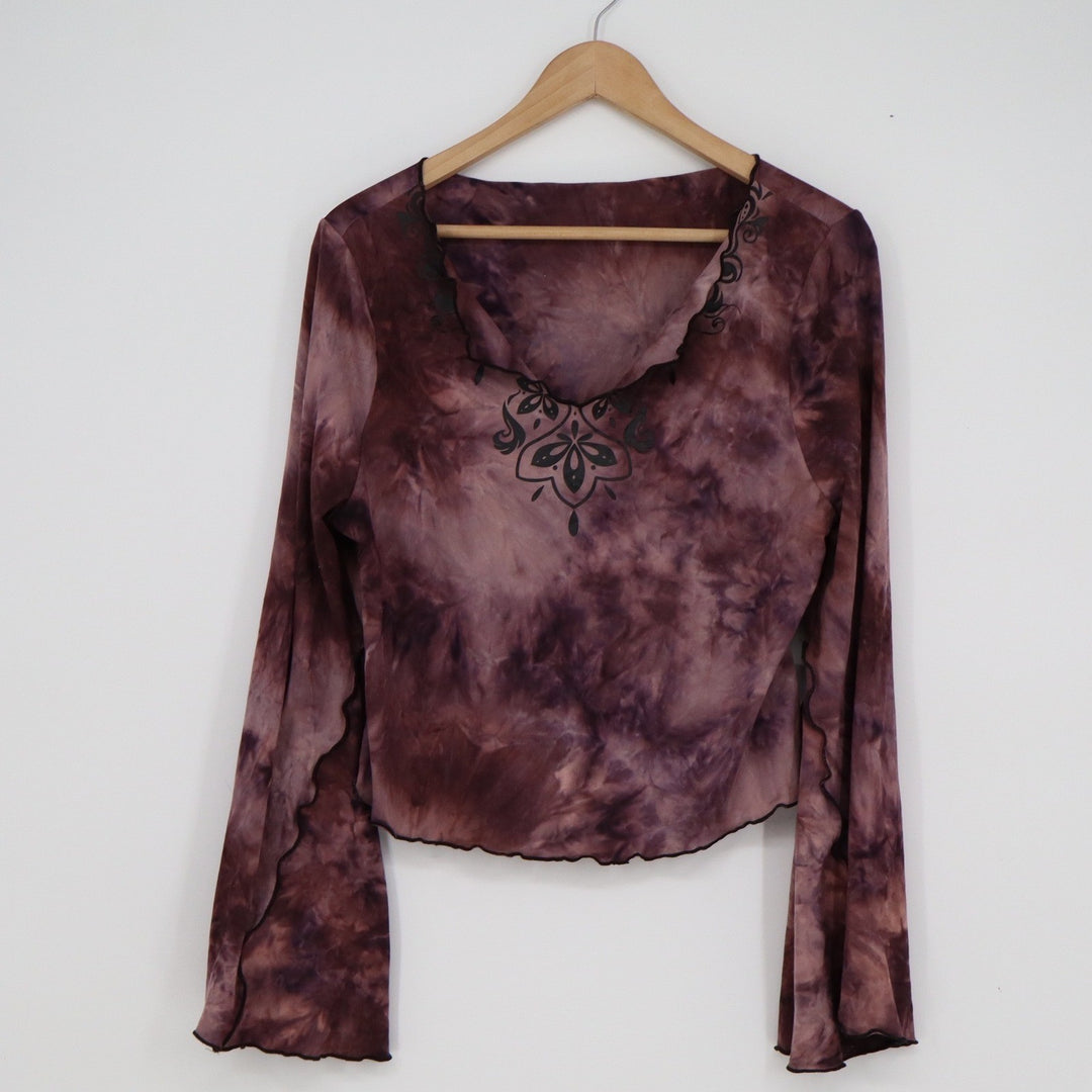 SHEIN Curve Womens 1XL Purple Tie Dye Bell Sleeve Lettuce Trim Crop Top
