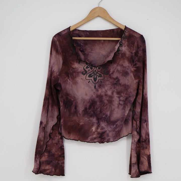 SHEIN Curve Womens 1XL Purple Tie Dye Bell Sleeve Lettuce Trim Crop Top