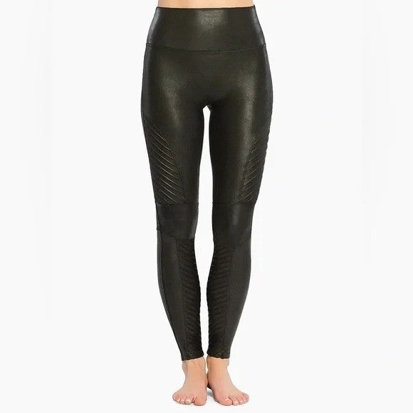 SPANX Moto Velvet Leggings Black High Waist Moto Paneled Size L