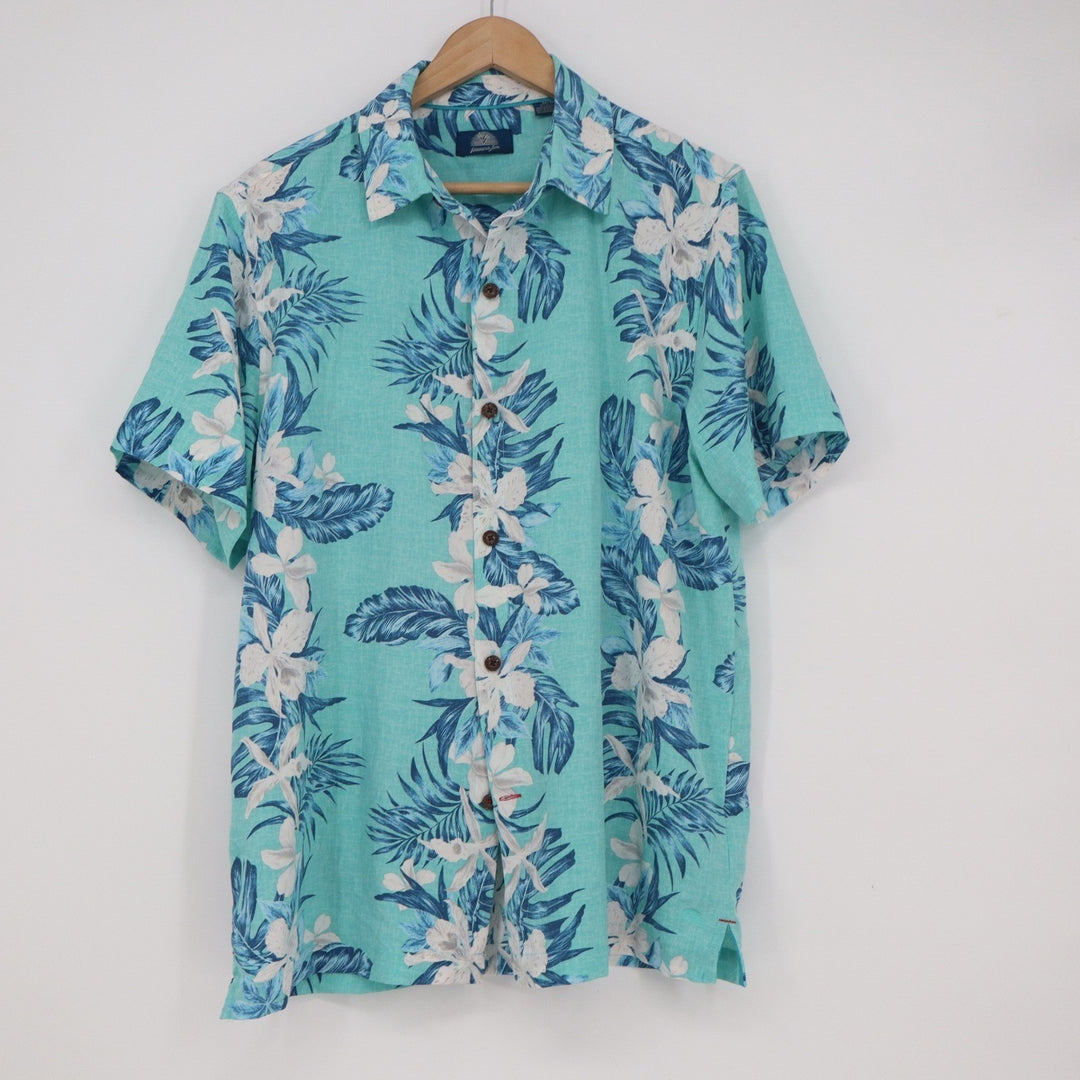 Havana Jim Mens Turquoise Blue Tropical Floral Palm Hawaiian Shirt Medium
