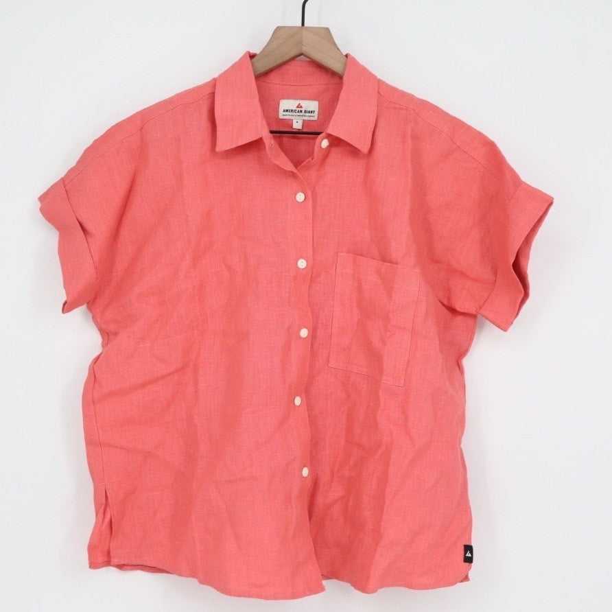 American Giant Coral Linen Short Sleeve Button Up Shirt Top Size S