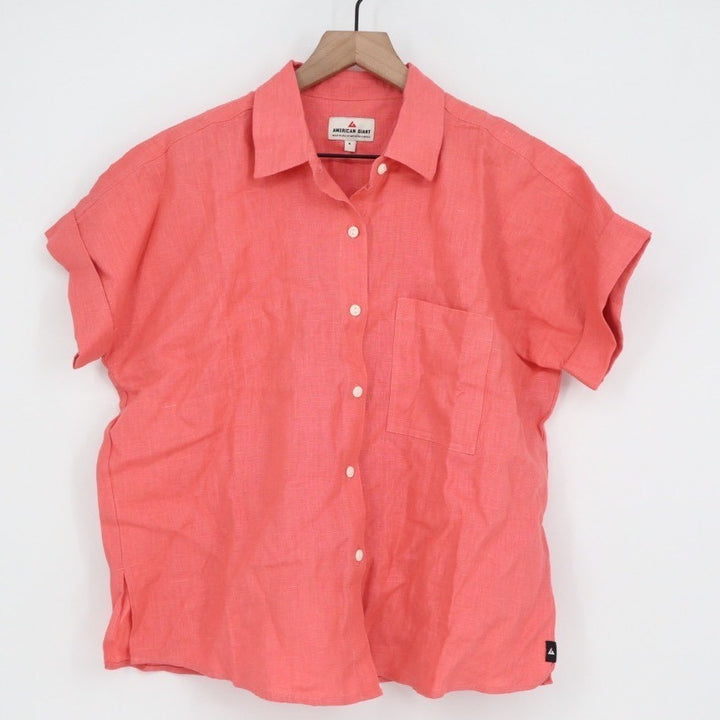 American Giant Coral Linen Short Sleeve Button Up Shirt Top Size S