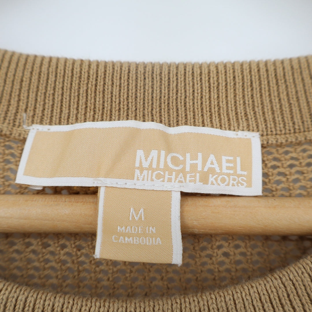 Michael Kors Sweater Womens Medium Brown Open Knit Ribbed Crew Neck Long Sleeve