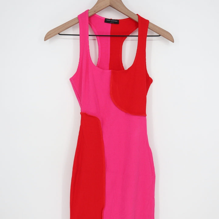 Naked Wardrobe Pink Red Colorblock Ribbed Midi Dress M