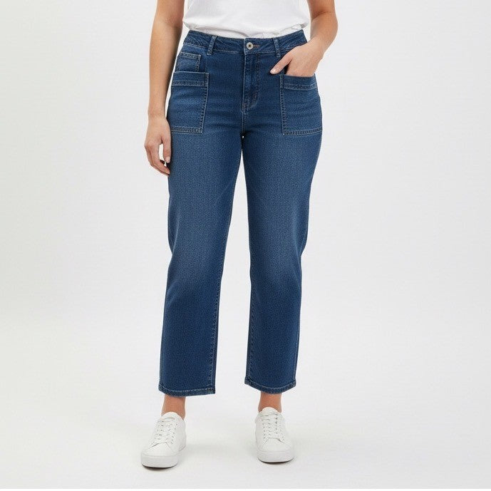 Plus Size 3XL Denim Jeans Wide Leg Cropped High Rise Pockets Blue