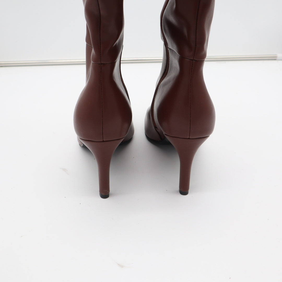 Brown Faux Leather Pointed Toe Stiletto Knee High Boots Size 8.5