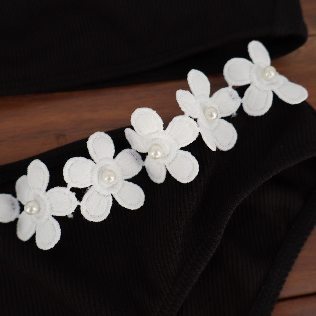Cupshe Strapless Bandeau Bikini Set Womens L Black Stretch Floral Pearl Swimwear
