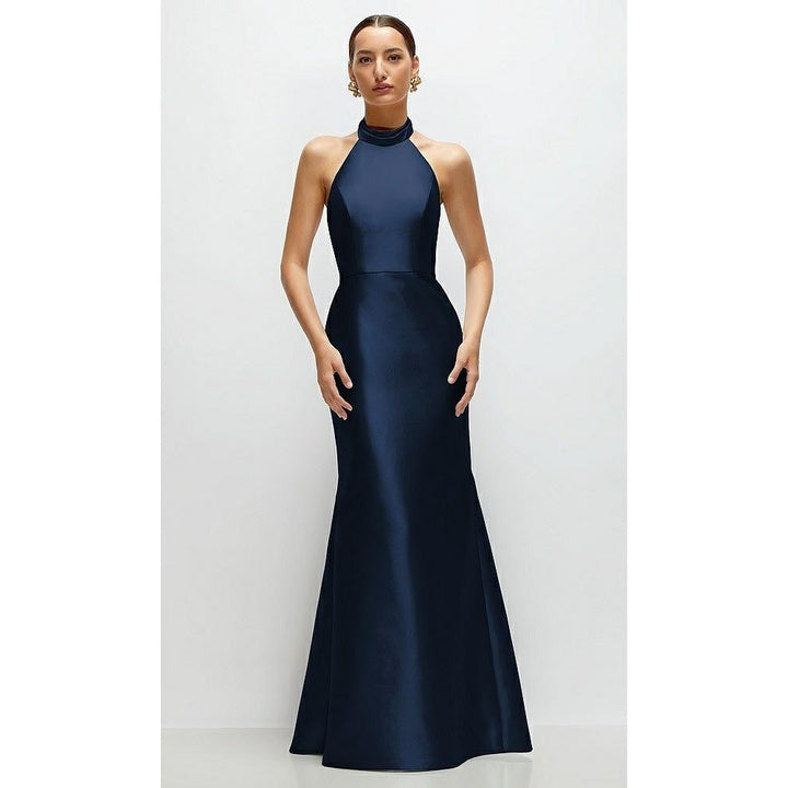 Navy blue evening gown on a white background