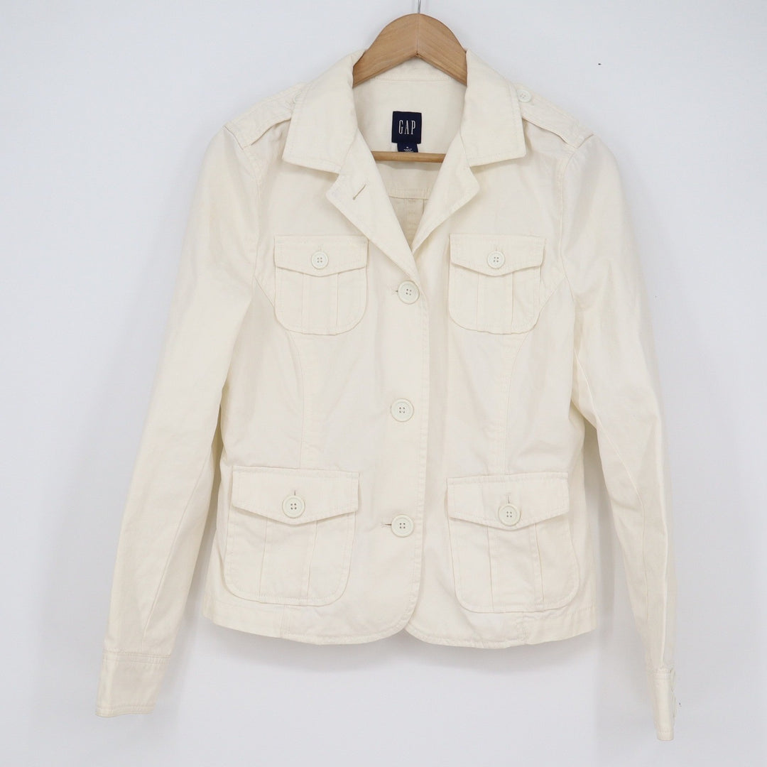 GAP Womens Utility Field Jacket Cream Cotton Button Front Cargo Pockets Size 8