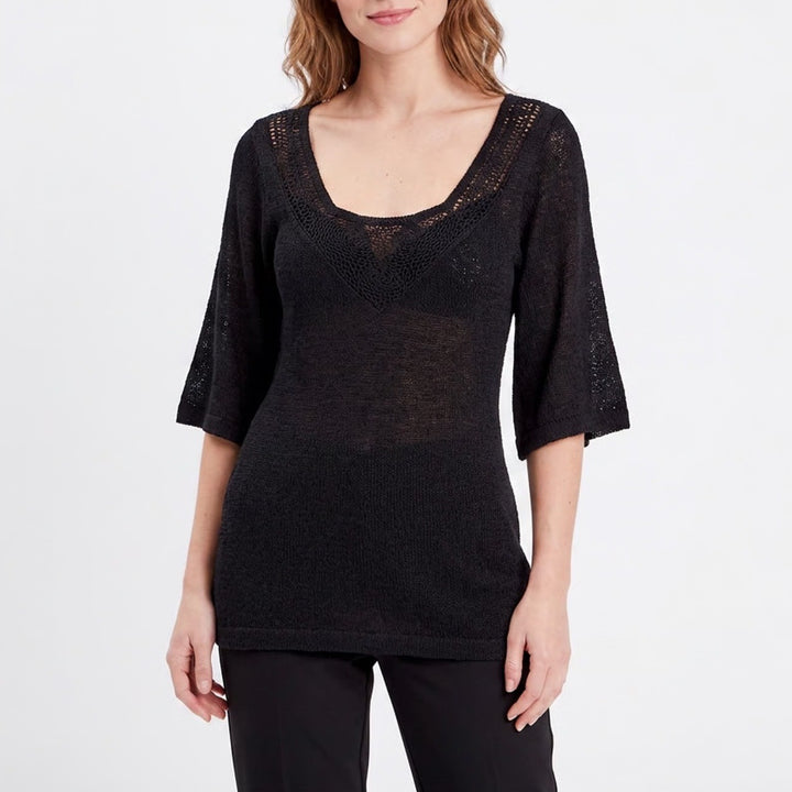 White House Black Market Black Crochet Lace Knit Tunic Top Elbow Sleeve Medium