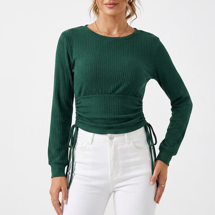 SHEIN Womens Dark Green Ribbed Long Sleeve Cinched Side Drawstring Top Size L
