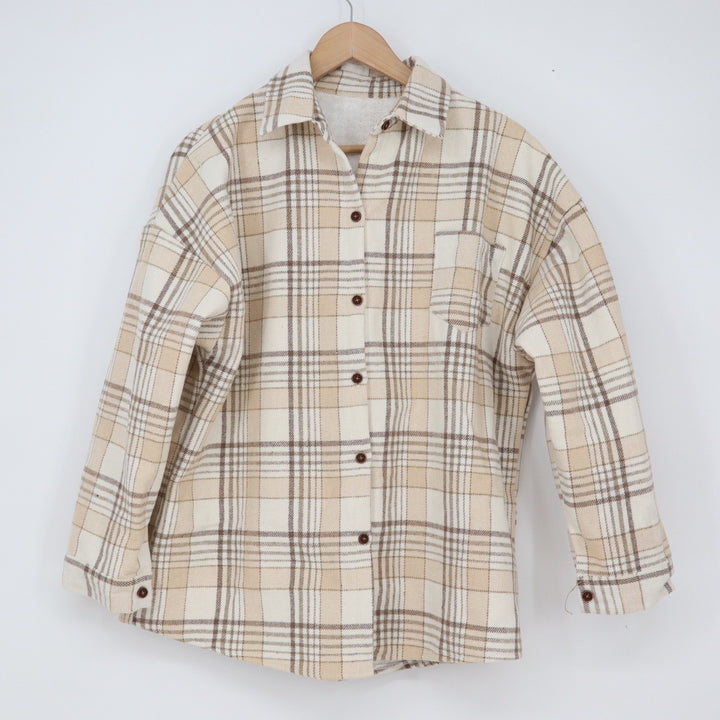 Unbranded Shacket Women M Plaid Cream Tan Sherpa Lined Button-Down Excellent