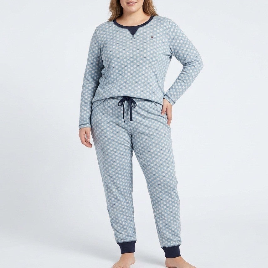 Tommy Hilfiger 2-PC Pajamas Set Womens XL Blue Snowflakes Cotton Crew Sleepwear