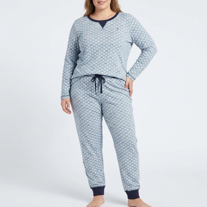 Tommy Hilfiger 2-PC Pajamas Set Womens XL Blue Snowflakes Cotton Crew Sleepwear