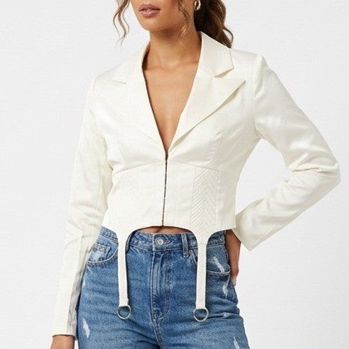 Naked Wardrobe Ivory Cropped Corset Garter Blazer Small Womens White
