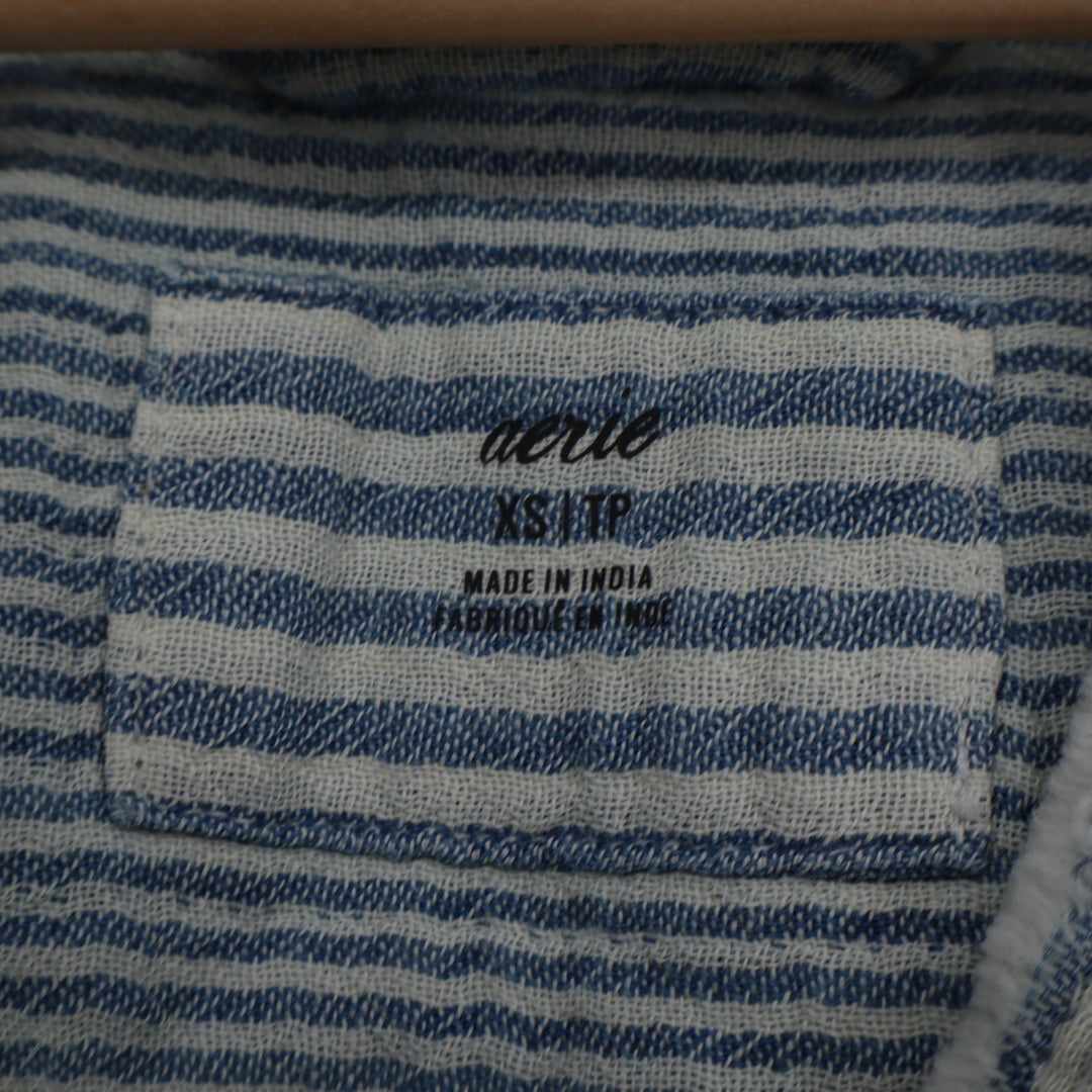 Aerie Daybreak Cover Up Shirt Women XS Blue White Striped Frayed Hem Puff Sleeve