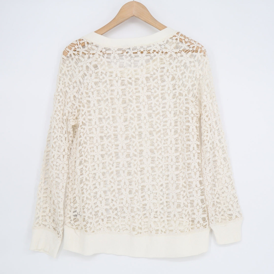 Halogen Womens XS Cream White Open Knit Crochet Cotton Long Sleeve Top