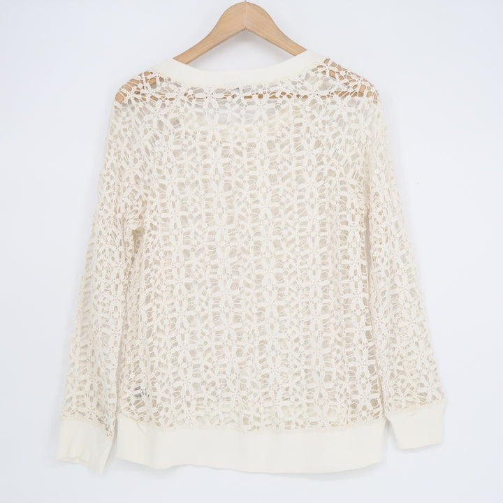 Halogen Womens XS Cream White Open Knit Crochet Cotton Long Sleeve Top