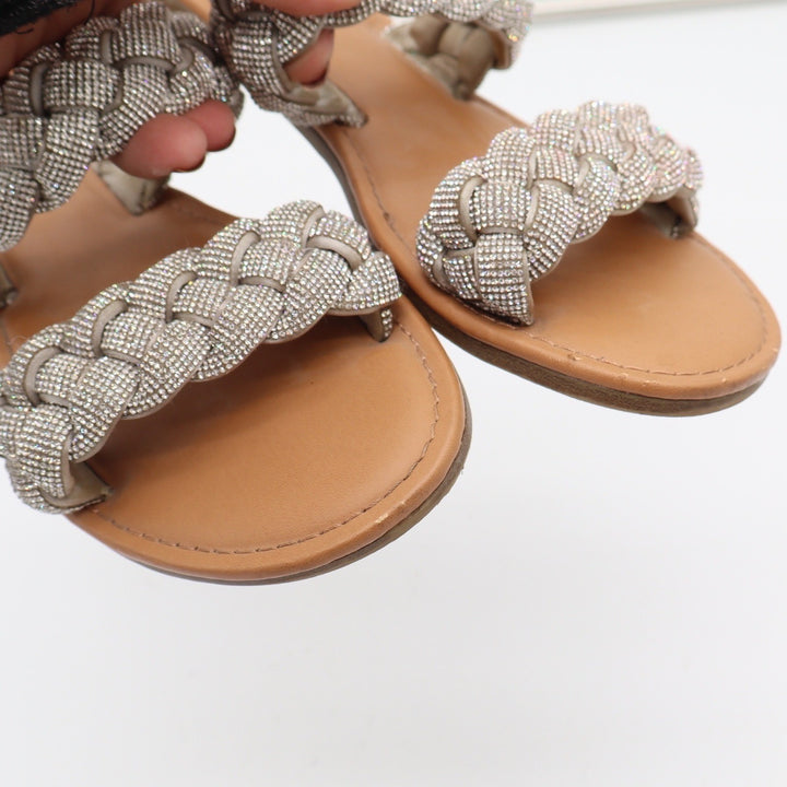 A New Day Slide Sandals Womens 8 Braided Rhinestone Silver Tan Flat Excellent
