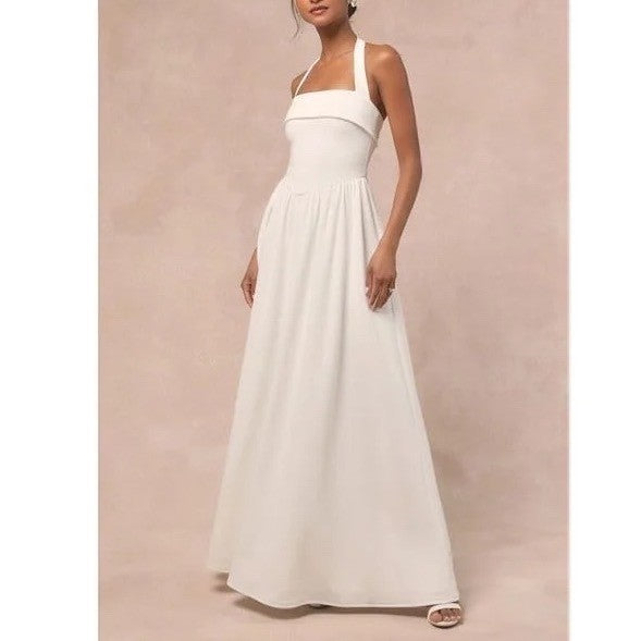 Lulus Telia Maxi Dress Womens XL White Stretch Halter Neck Basque Waist Back Zip