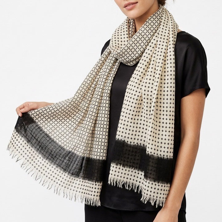 Scarf Womens Black White Check Polka Dot Pattern Fringed Edges Neck Warmer