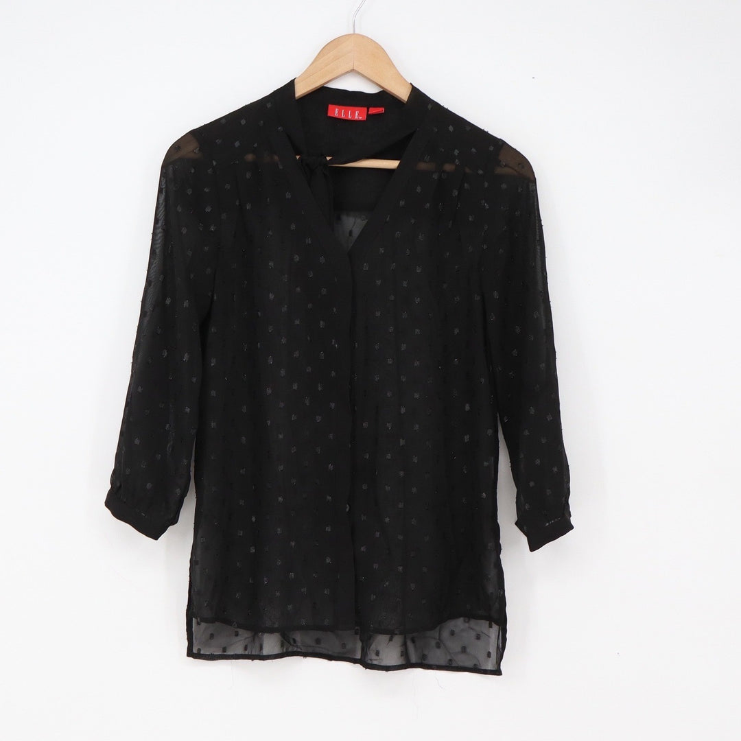 Elle Blouse Womens XS Sheer Swiss Dot Black Tie Neck Excellent