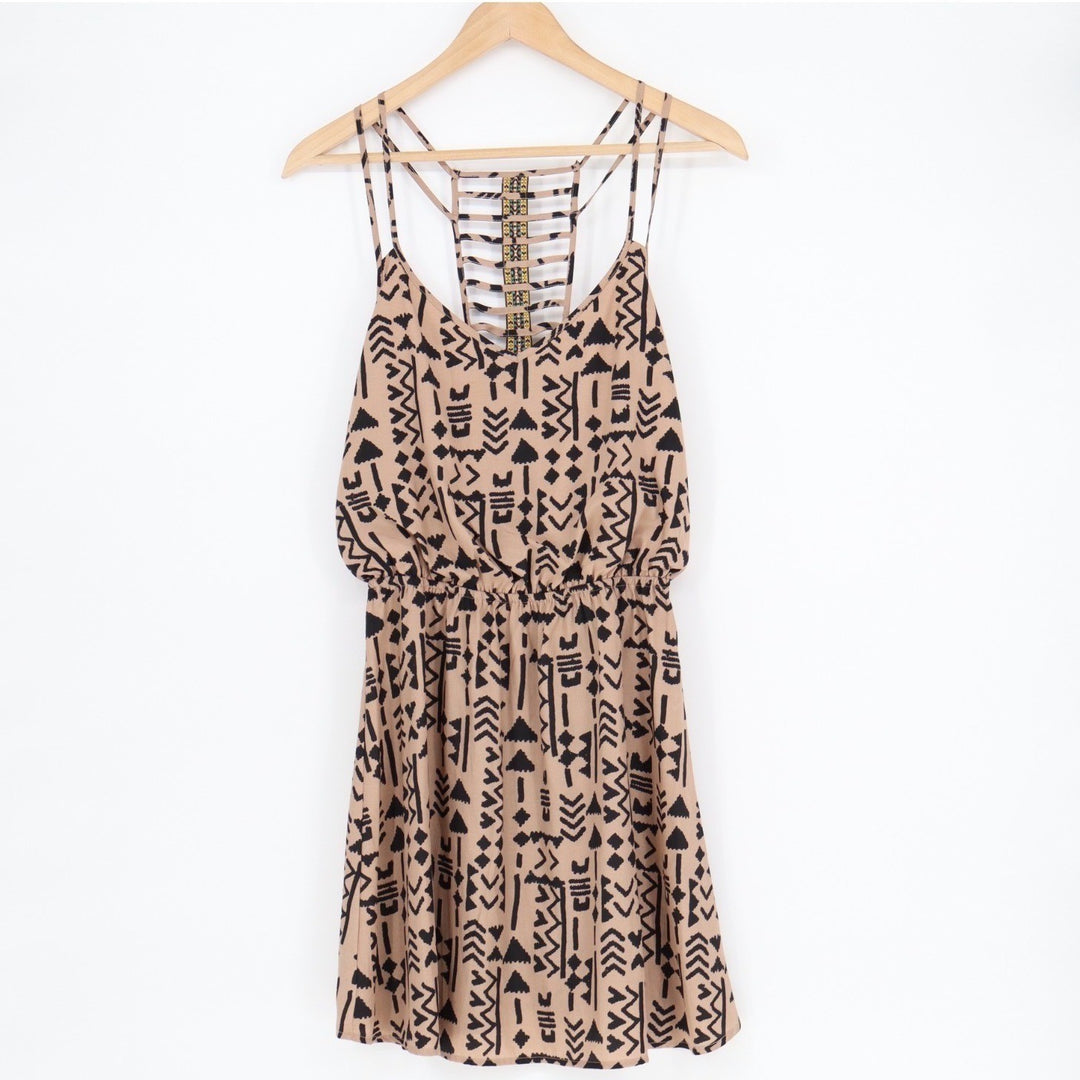 Three Pink Hearts Fit & Flare Dress Womens M Beige Aztec Print Spaghetti Strap