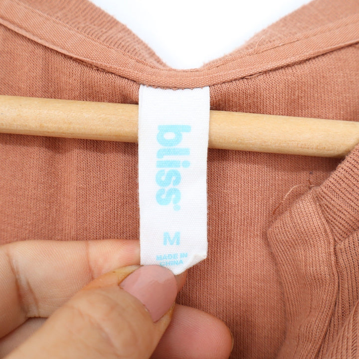 Bliss Women Ribbed Knit Split V-Neck Raglan Long Sleeve Top Terracotta Clay M