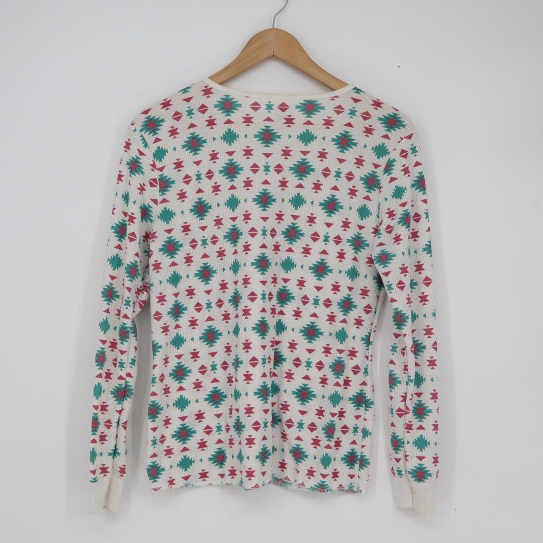 Fruit of the Loom Womens Large Thermal Top Southwestern Waffle Knit Teal Pink L