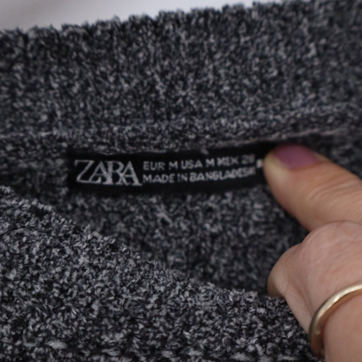 Zara Womens Charcoal Grey Textured Boucle Knit Cropped Crew Neck Sweater Size M