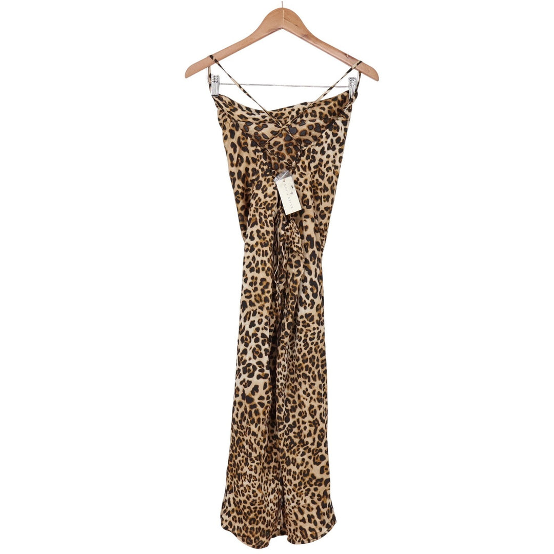 Moon River Dress Womens M Leopard Print Cowl Neck Ruched Midi Brown NWT