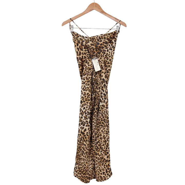 Moon River Dress Womens M Leopard Print Cowl Neck Ruched Midi Brown NWT