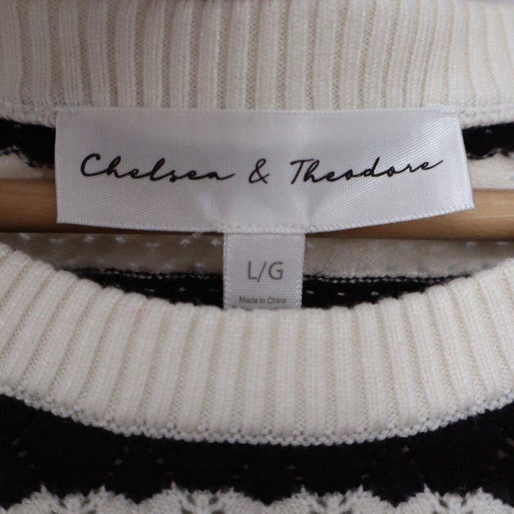 Chelsea & Theodore Womens Striped Pointelle Short Sleeve Sweater Black White L