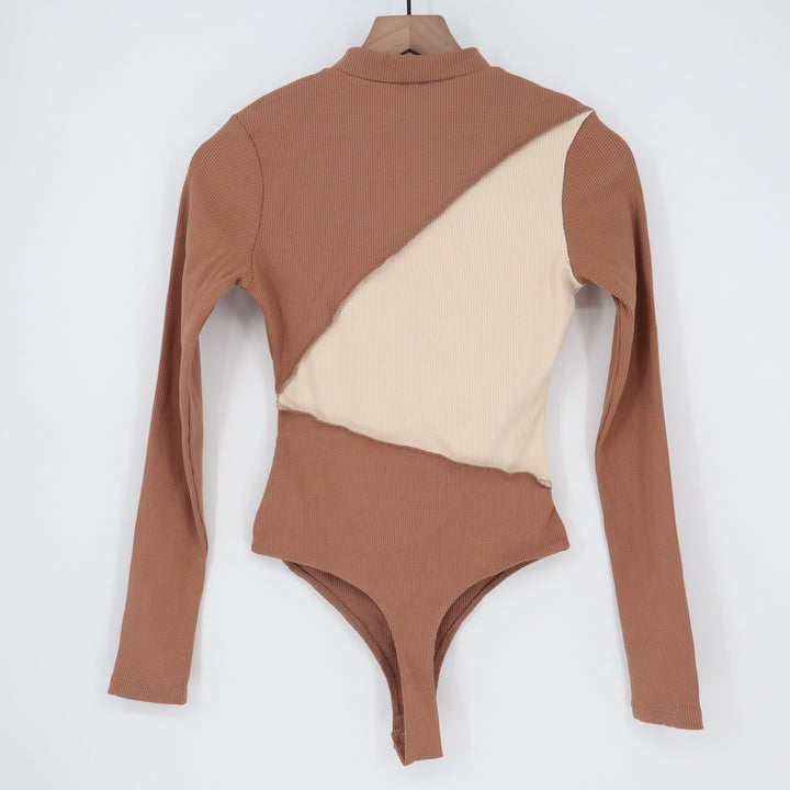 Naked Wardrobe Womens Ribbed Color block Mock Neck Bodysuit Coco Oatmeal L