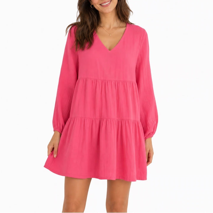Zini New York & London Hot Pink Tiered Babydoll Dress V-Neck Long Sleeve Large