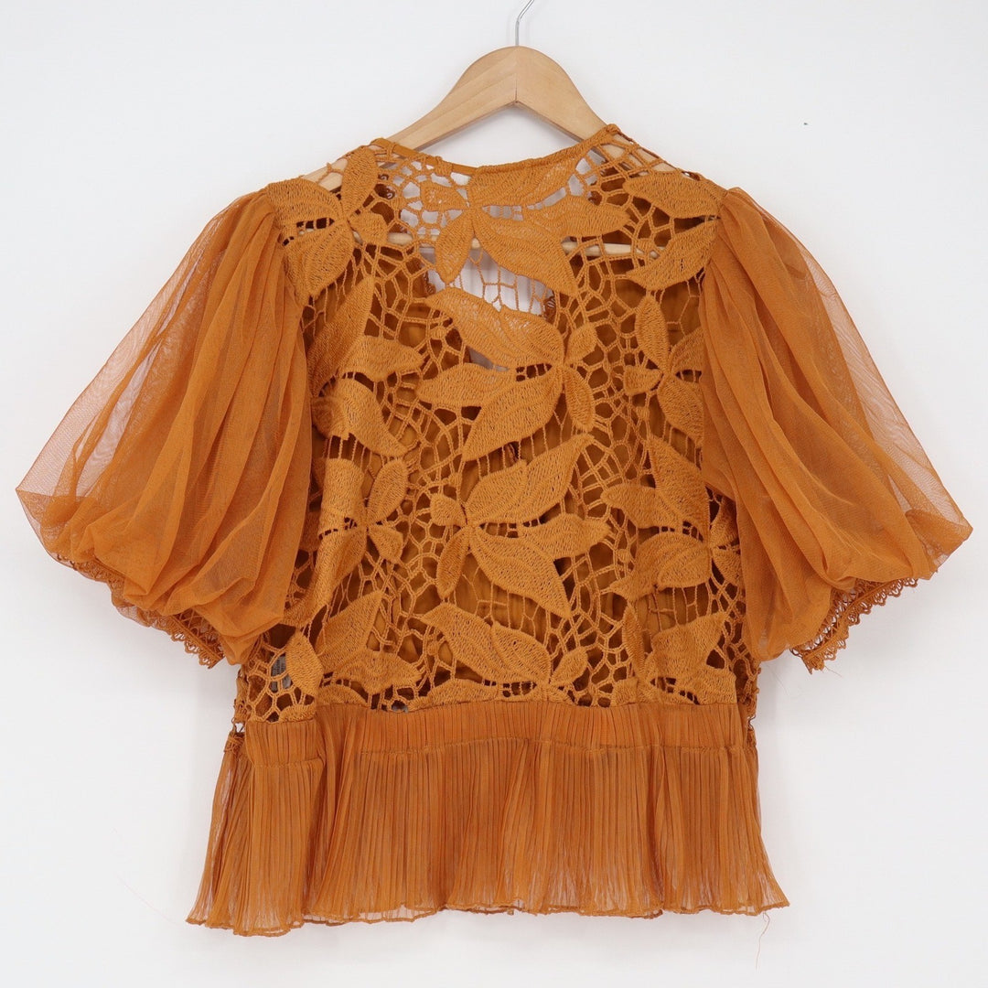 Haute Monde Blouse Womens M Mustard Yellow Crochet Lace Puff Sleeve