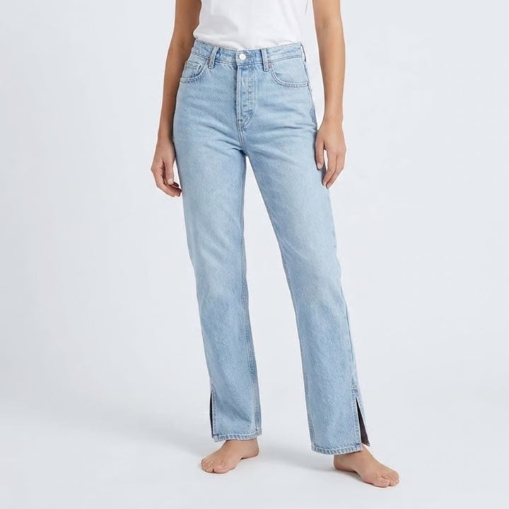 H&M Light Wash Straight Leg High Waist Cotton Jeans with Side Slits Size 10