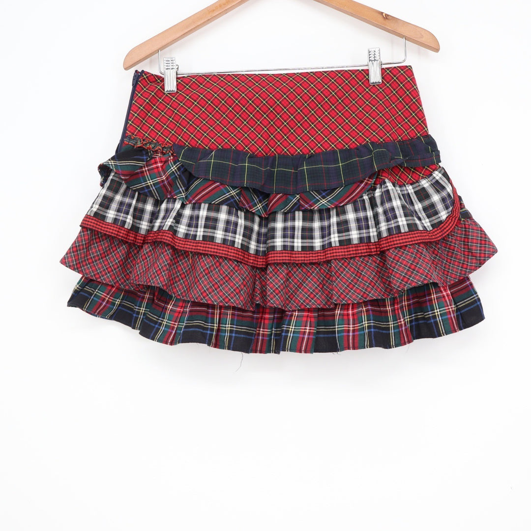 Ralph Lauren Mixed Plaid Patchwork Tiered Ruffle Mini Skirt Red Multi Size 14