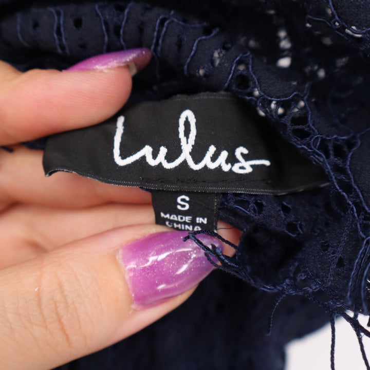 Lulus Remarkable Midi Dress Womens Small Navy Lace Detail Cotton Short Sleeve
