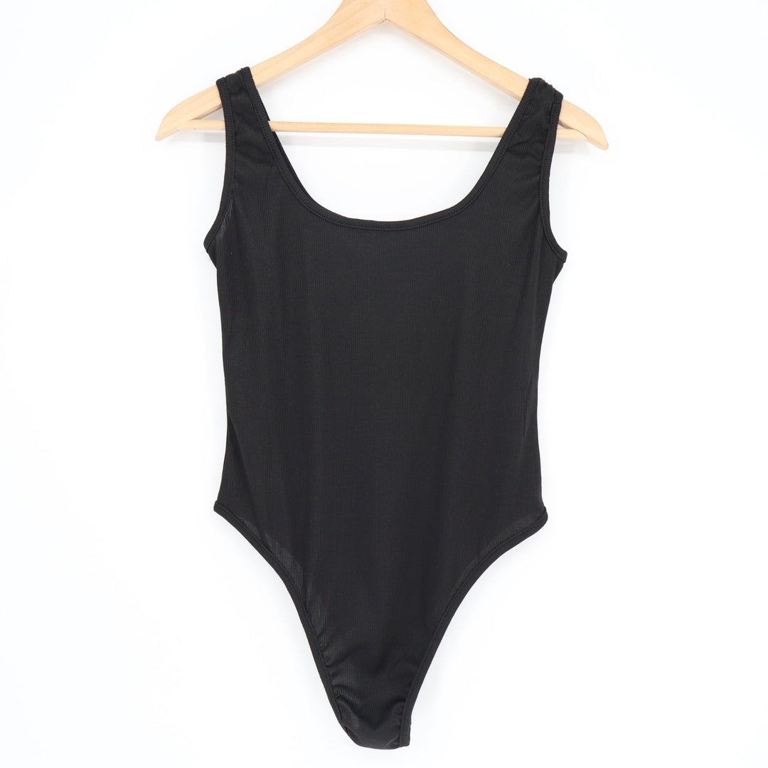 One Piece Bodysuit Women Medium Black Stretch Knitted Crew Neck Wide Strap