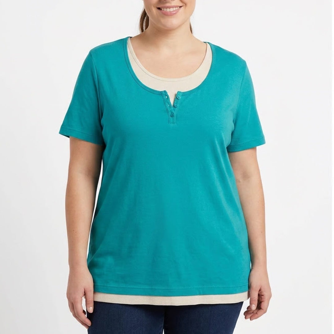 Only Necessities Womens 1X Teal Blue Layered Henley Short Sleeve Cotton Top
