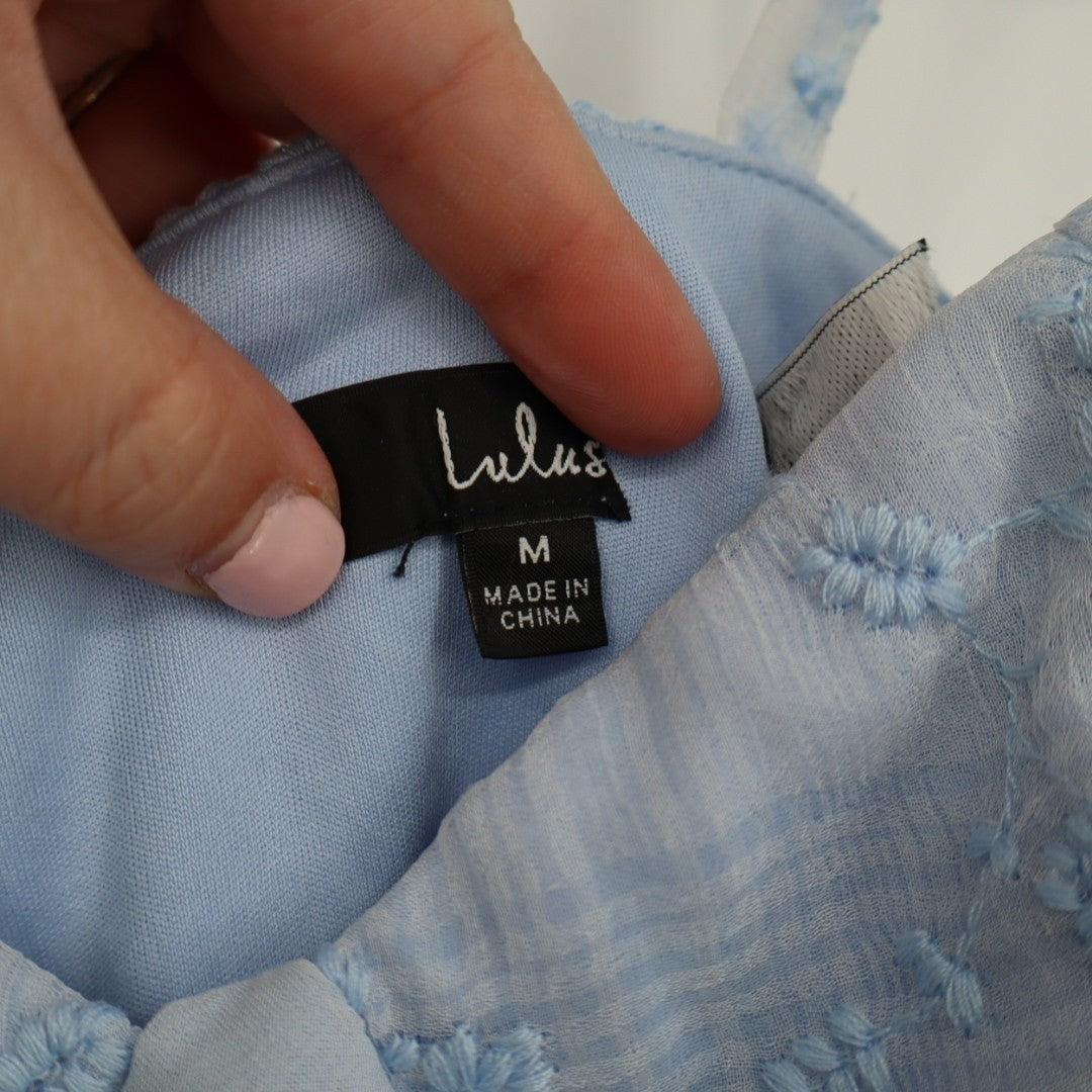 Lulus Vineyard Visit Midi Dress Womens Medium Blue Embroidered Tie-Strap Tiered