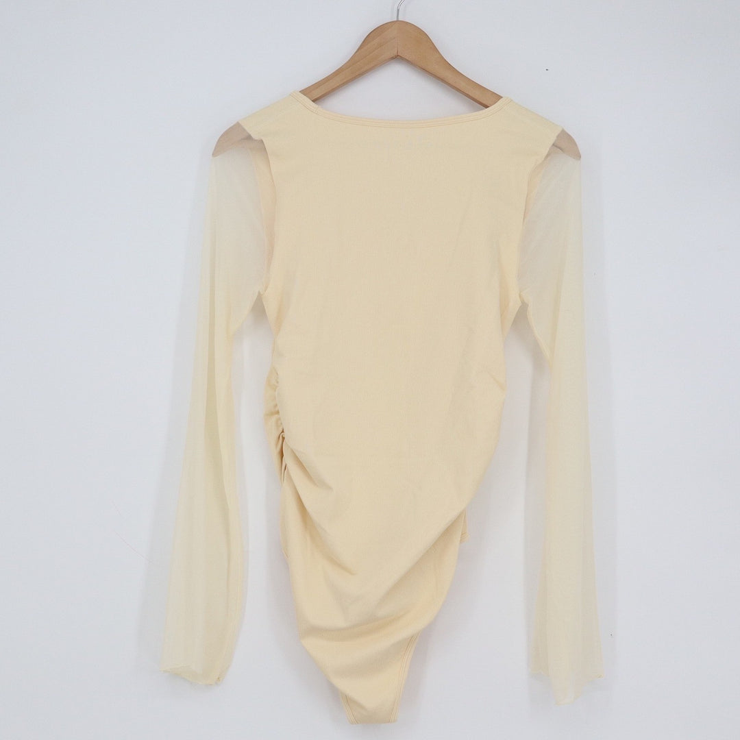 OQQ Women's Square Neck Ruched Bodysuit Sheer Long Sleeve Pale Yellow Size L