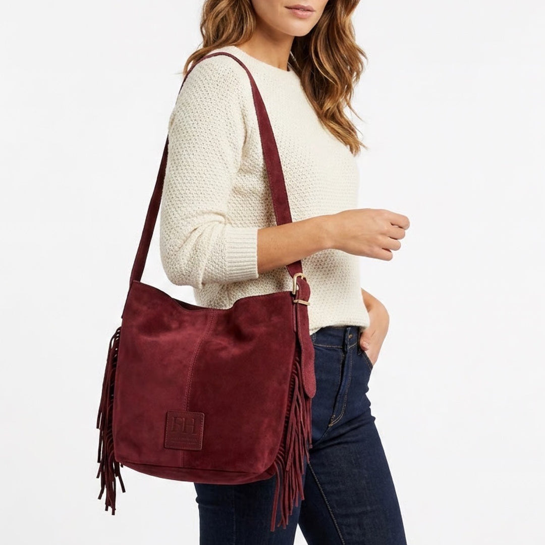 Haute Hippie Fringe Suede Bucket Bag Womens Burgundy Inner Pocket Shoulder Strap