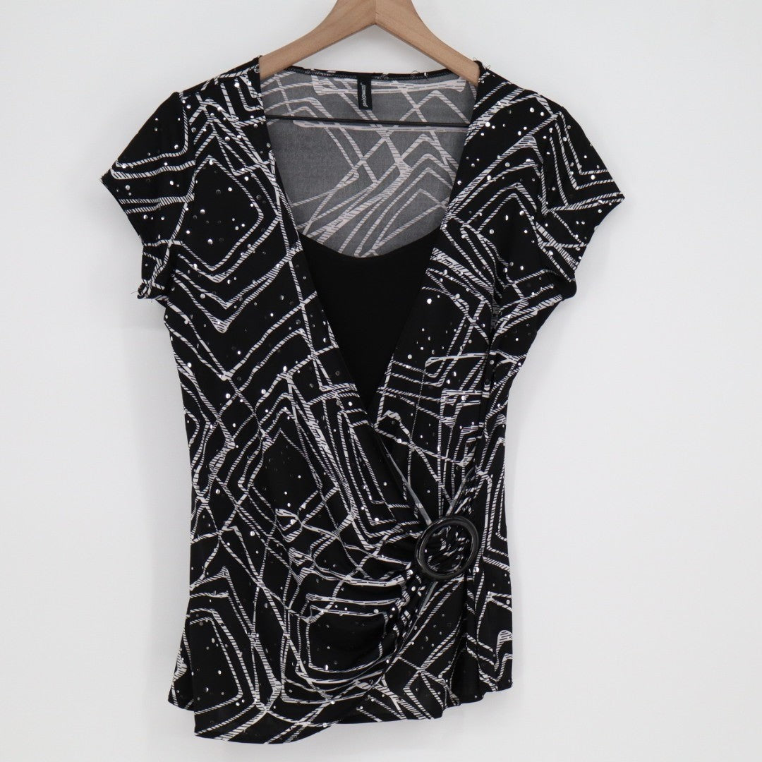 Jason Maxwell Wrap Top Womens Black White Geometric Print Short Sleeve Pullover