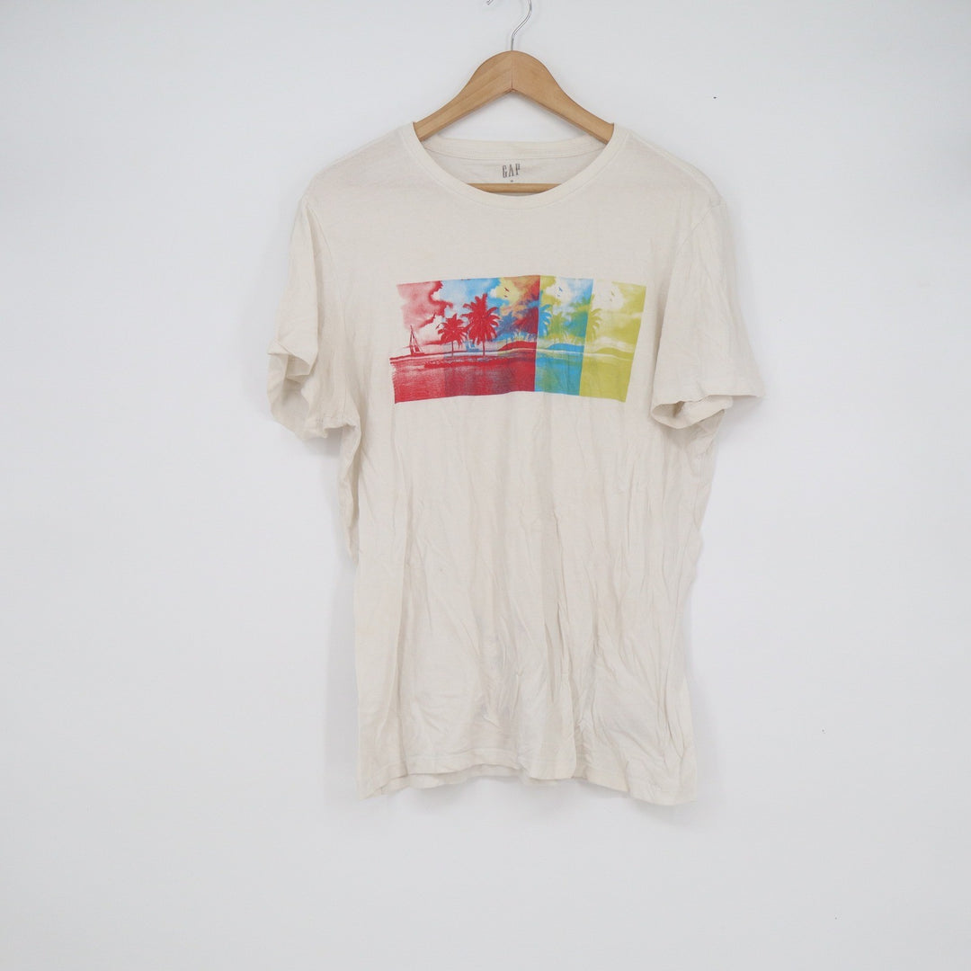 GAP Mens Tropical Palm Tree Graphic T-Shirt Off-White Cotton Size M
