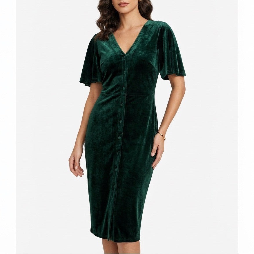 Jack By BB Dakota Velvet Sheath Dress Womens Medium Green V-Neck Short Sleeve